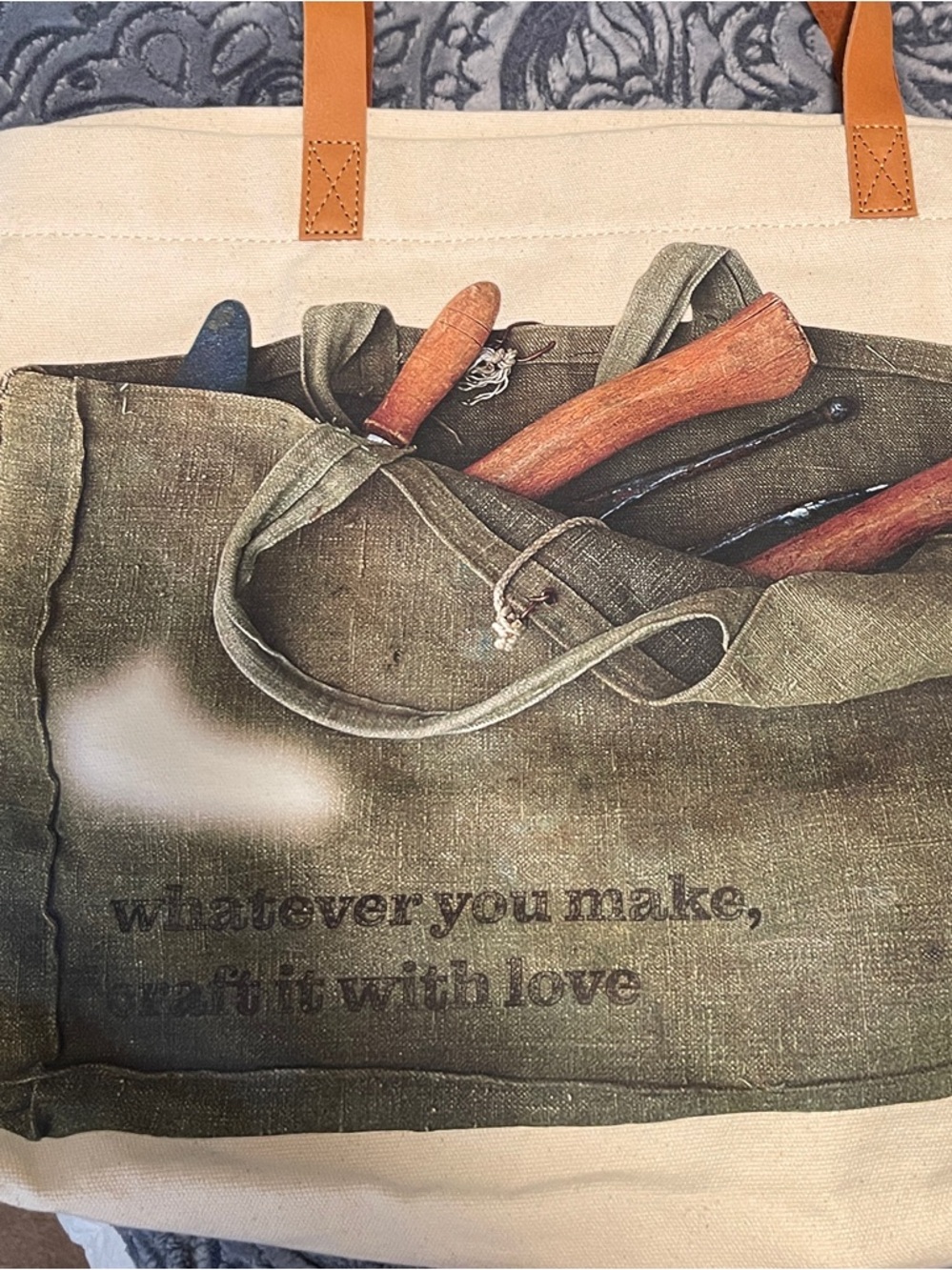 HOBO Beige Canvas Tote with Green Tool Graphic and Tan Handles